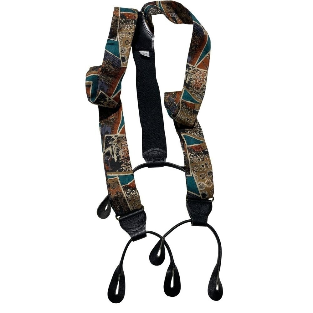 Vintage Silk & Leather Suspenders With Abstract Art Pattern